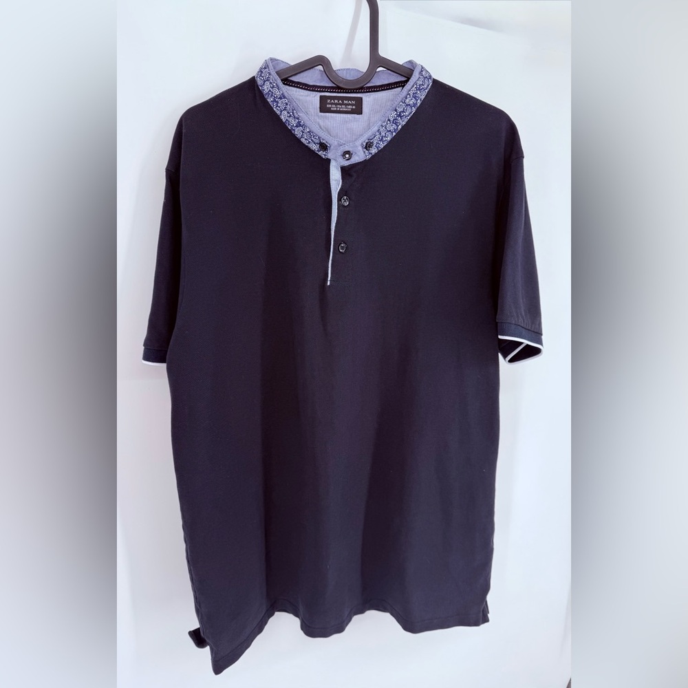 ZARA Men's Navy Short-Sleeve Henley Shirt with Paisley Contrast Trim XXL